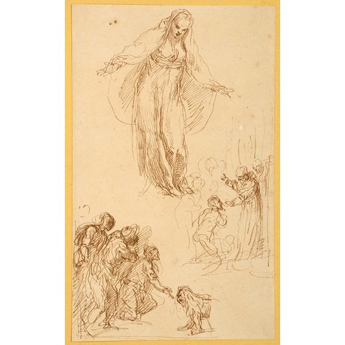 A Sheet of Figure Studies with the Virgin or a Female Saint, A Man Kneeling Before a Saint, and Several Figures Before a Lion